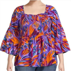 TERRA & SKY ~ Bright  Boho Smocked Top with Tiered Bell Sleeves Cotton Rayon 4X